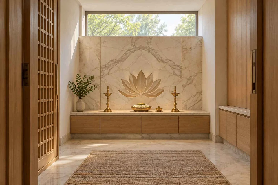 AI-generated puja room design concept: clerestory prayer room, marble restraint direction