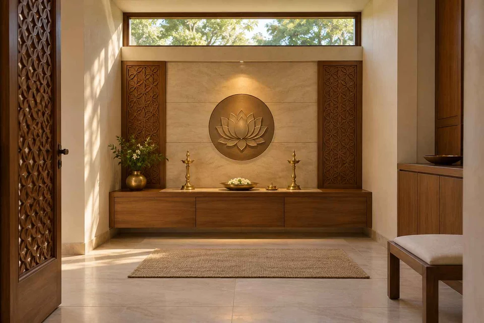 AI-generated puja room design concept: clerestory prayer room, modern carved direction