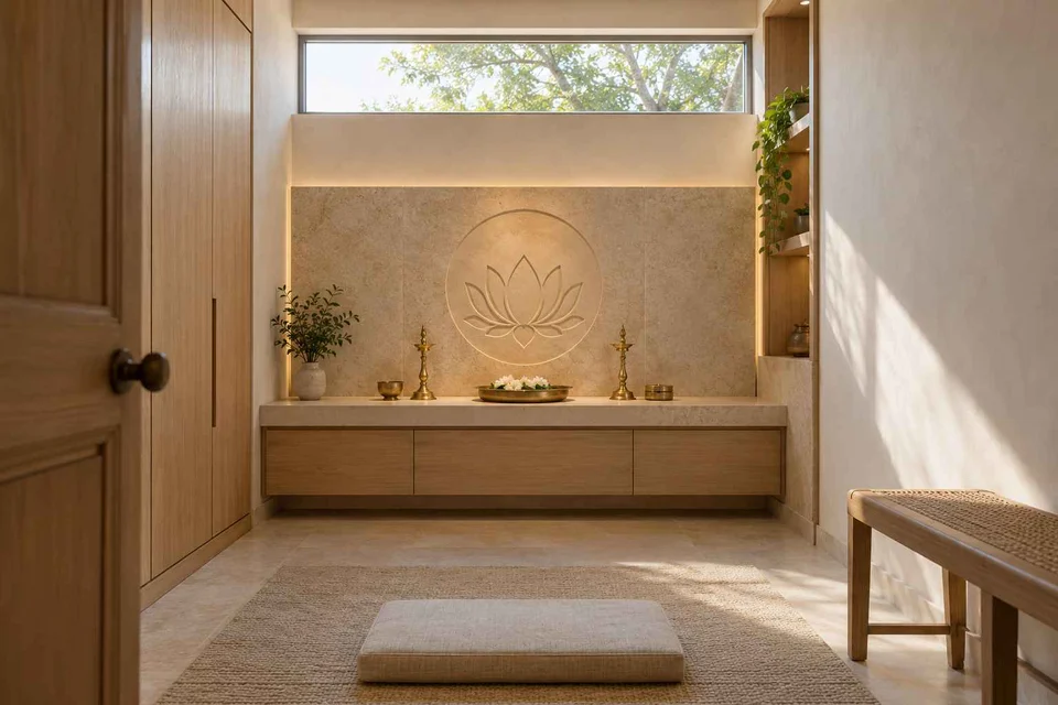 AI-generated puja room design concept: clerestory prayer room, quiet contemporary direction