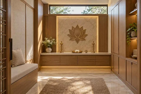 AI-generated puja room design concept: clerestory prayer room, quiet transitional direction
