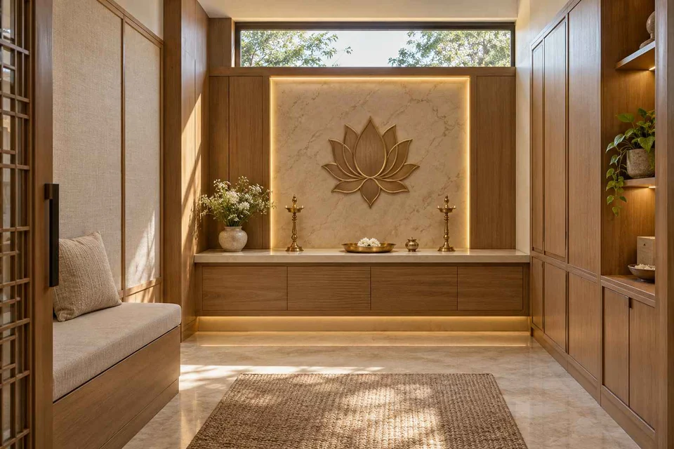 AI-generated puja room design concept: clerestory prayer room, quiet transitional direction