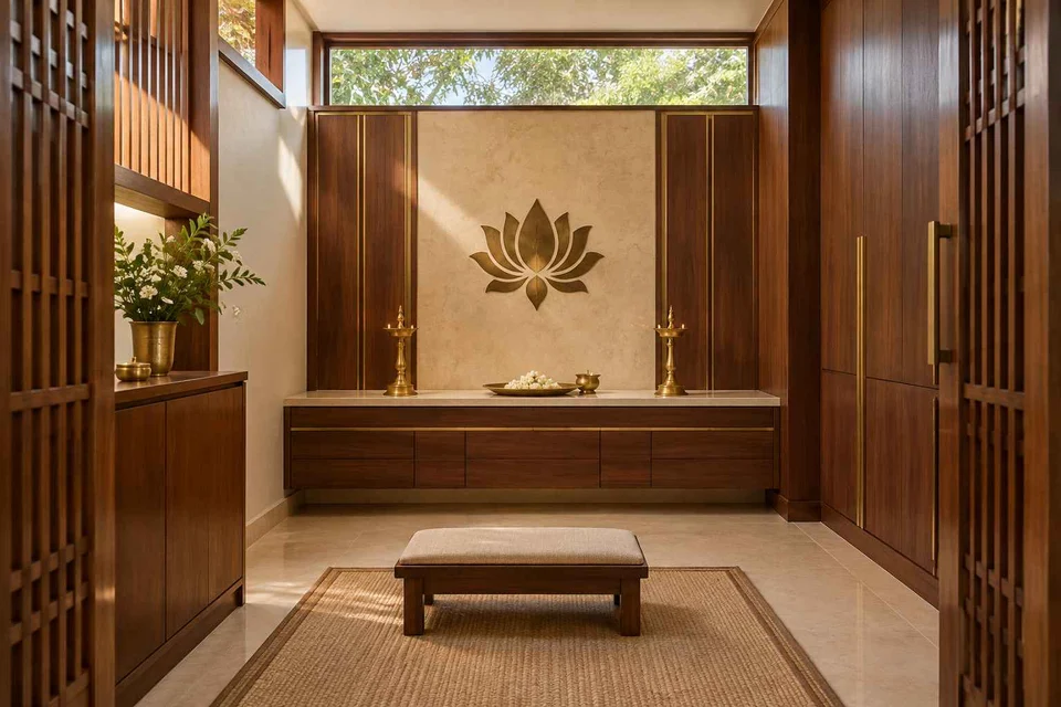 AI-generated puja room design concept: clerestory prayer room, rosewood brass direction