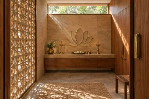 AI-generated puja room design concept: clerestory prayer room, sandstone lattice direction