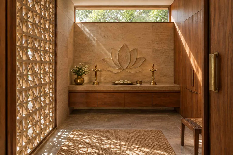 AI-generated puja room design concept: clerestory prayer room, sandstone lattice direction