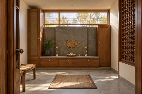 AI-generated puja room design concept: clerestory prayer room, teak craft direction