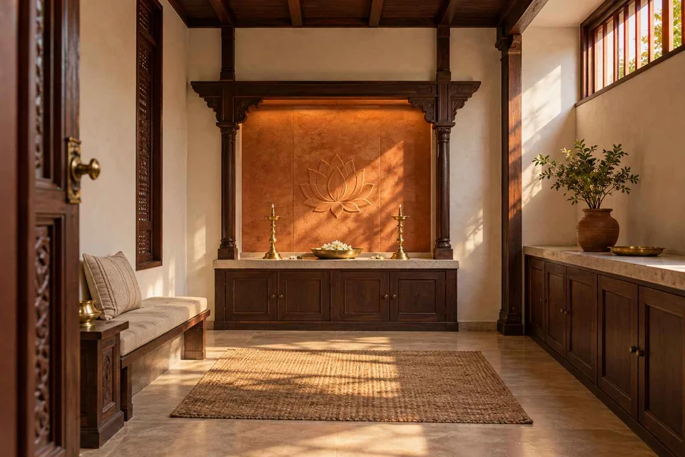 AI-generated puja room design concept: clerestory prayer room, terracotta heritage direction