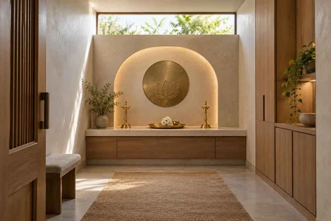 AI-generated puja room design concept: clerestory prayer room, textured mineral direction