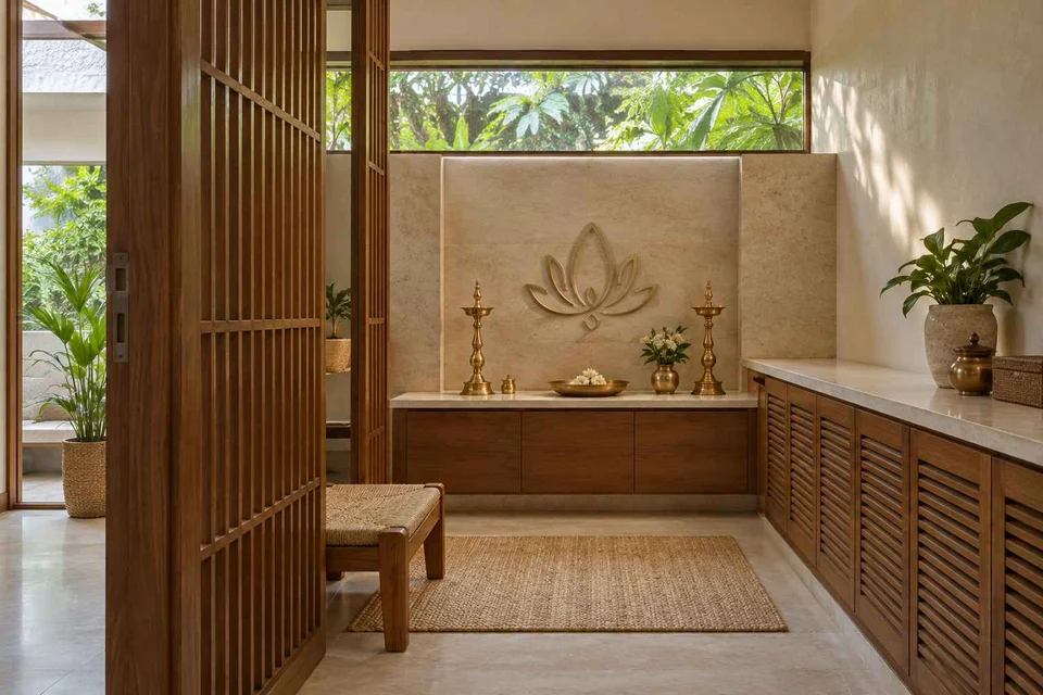 AI-generated puja room design concept: clerestory prayer room, tropical slatted direction