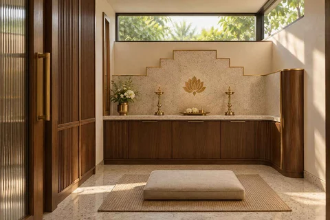 AI-generated puja room design concept: clerestory prayer room, urban deco direction