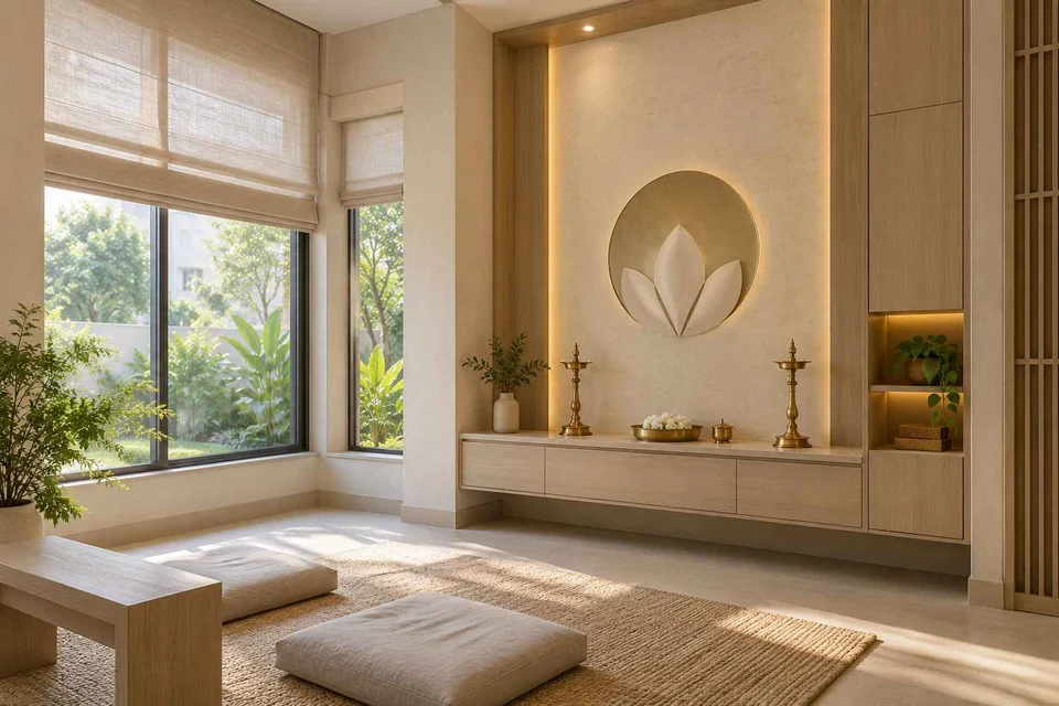 AI-generated puja room design concept: corner garden prayer room, ash and linen direction