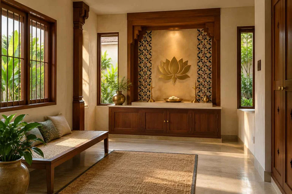 AI-generated puja room design concept: corner garden prayer room, chettinad tile direction