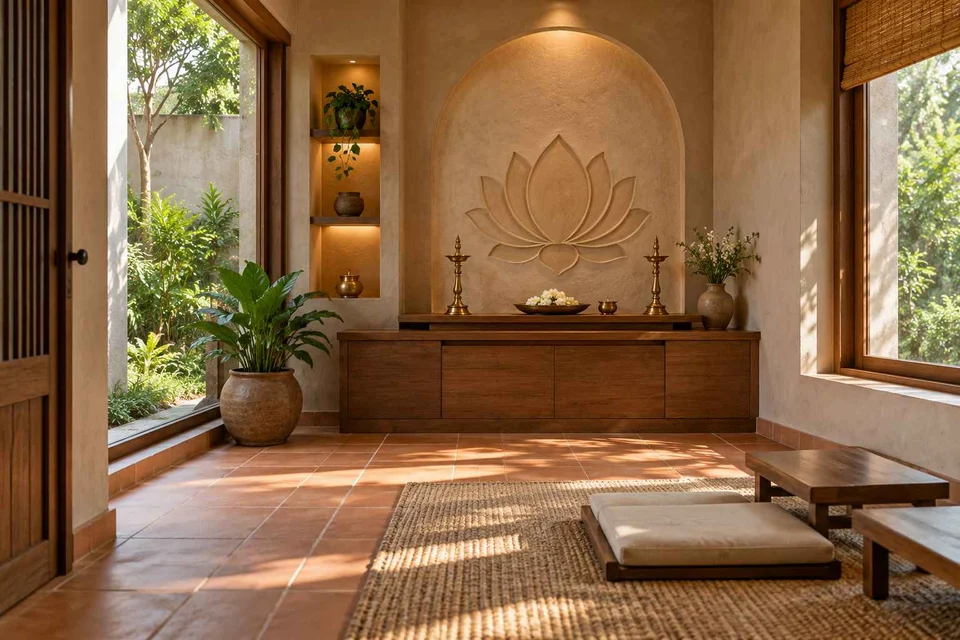 AI-generated puja room design concept: corner garden prayer room, clay artisan direction