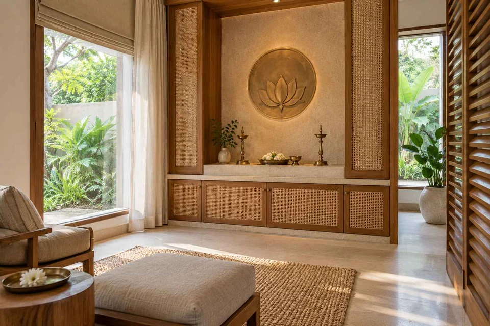 AI-generated puja room design concept: corner garden prayer room, coastal woven direction