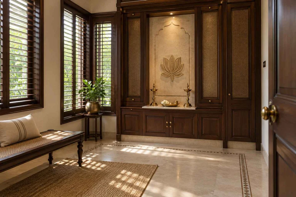 AI-generated puja room design concept: corner garden prayer room, colonial quiet direction