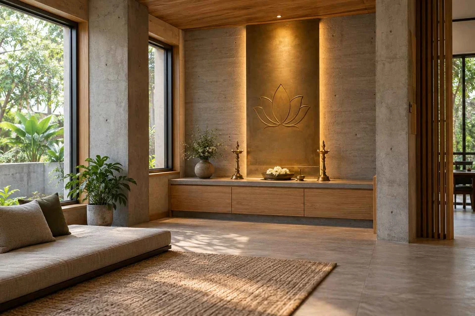 AI-generated puja room design concept: corner garden prayer room, concrete and oak direction