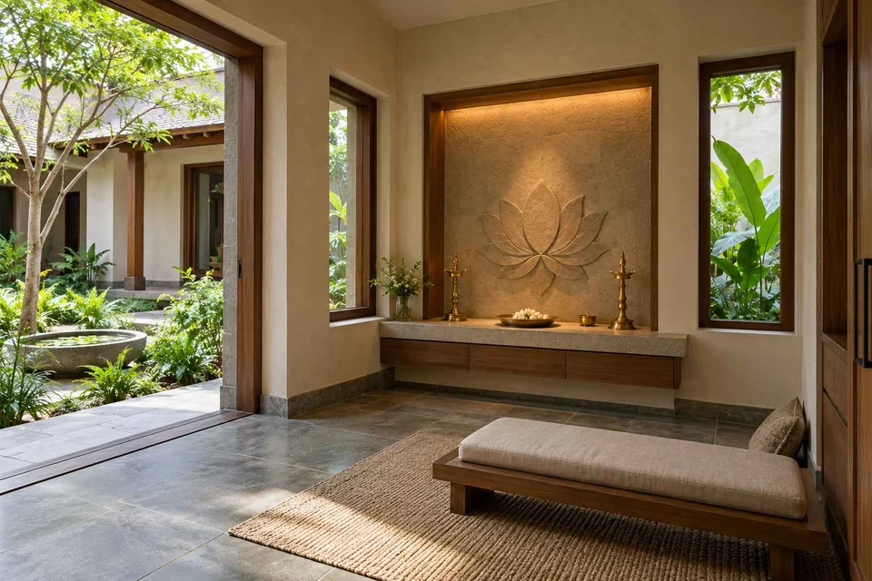 AI-generated puja room design concept: corner garden prayer room, courtyard modern direction