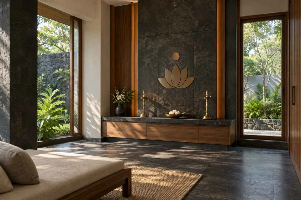 AI-generated puja room design concept: corner garden prayer room, deccan stone direction