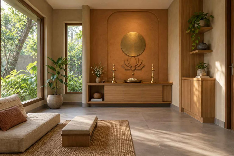 AI-generated puja room design concept: corner garden prayer room, earth and bamboo direction
