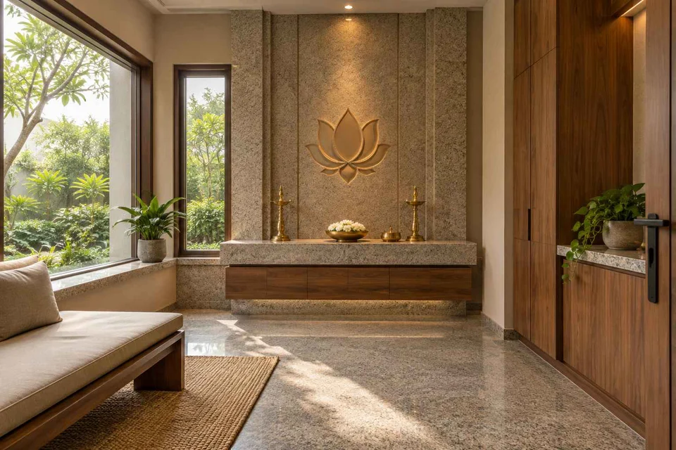 AI-generated puja room design concept: corner garden prayer room, granite precision direction