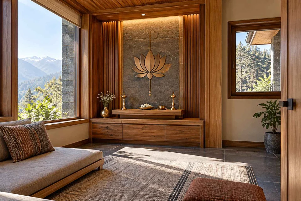 AI-generated puja room design concept: corner garden prayer room, hill timber direction