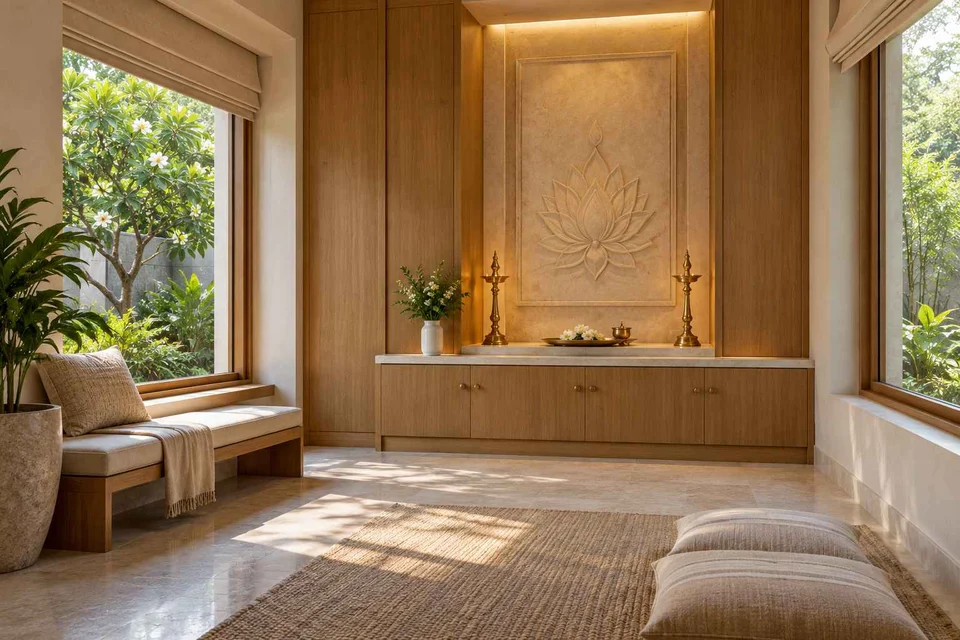 AI-generated puja room design concept: corner garden prayer room, inlay atelier direction