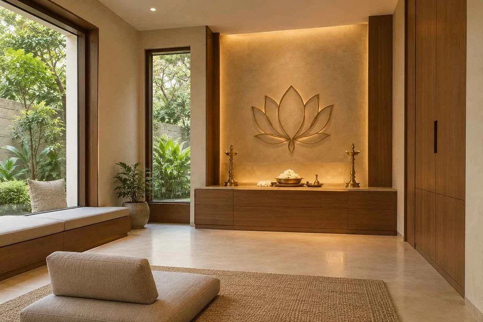AI-generated puja room design concept: corner garden prayer room, lime and walnut direction