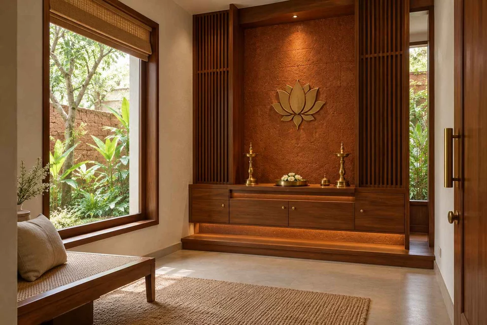 AI-generated puja room design concept: corner garden prayer room, malabar timber direction