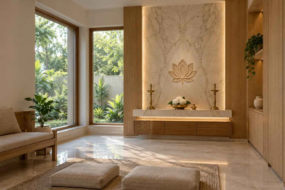AI-generated puja room design concept: corner garden prayer room, marble restraint direction