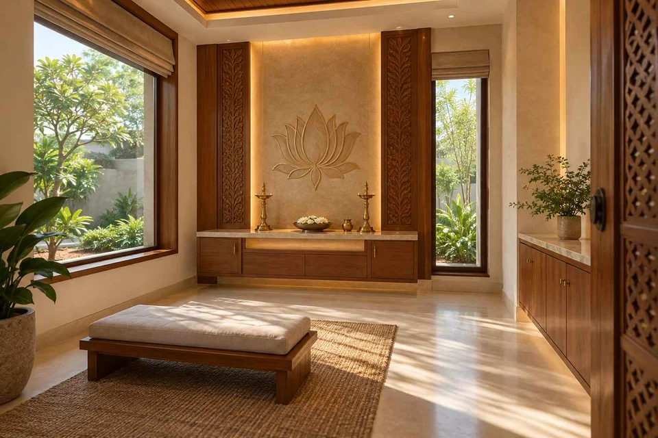 AI-generated puja room design concept: corner garden prayer room, modern carved direction