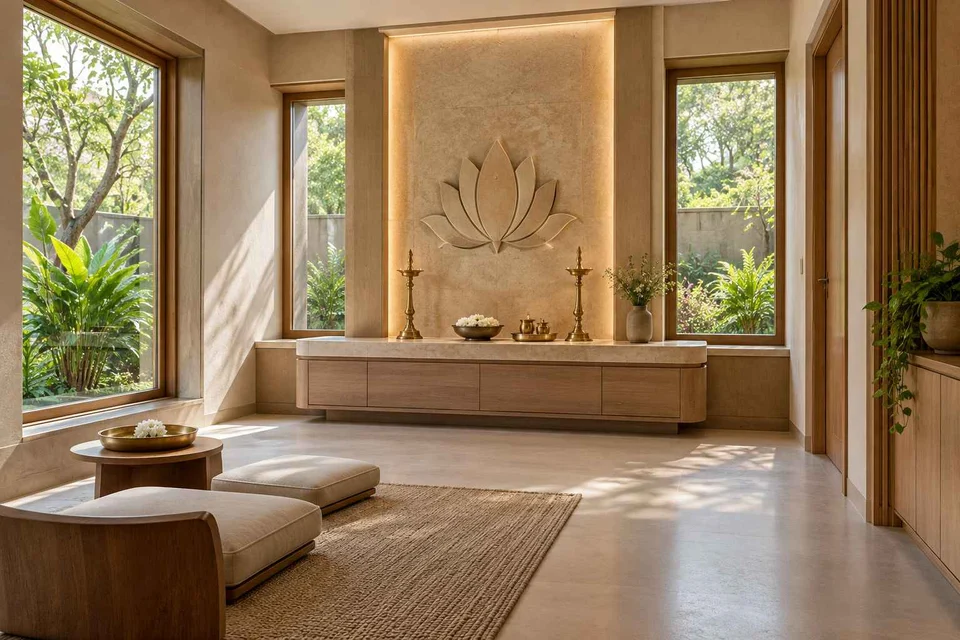 AI-generated puja room design concept: corner garden prayer room, quiet contemporary direction