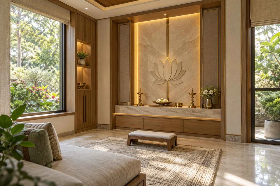 AI-generated puja room design concept: corner garden prayer room, quiet transitional direction