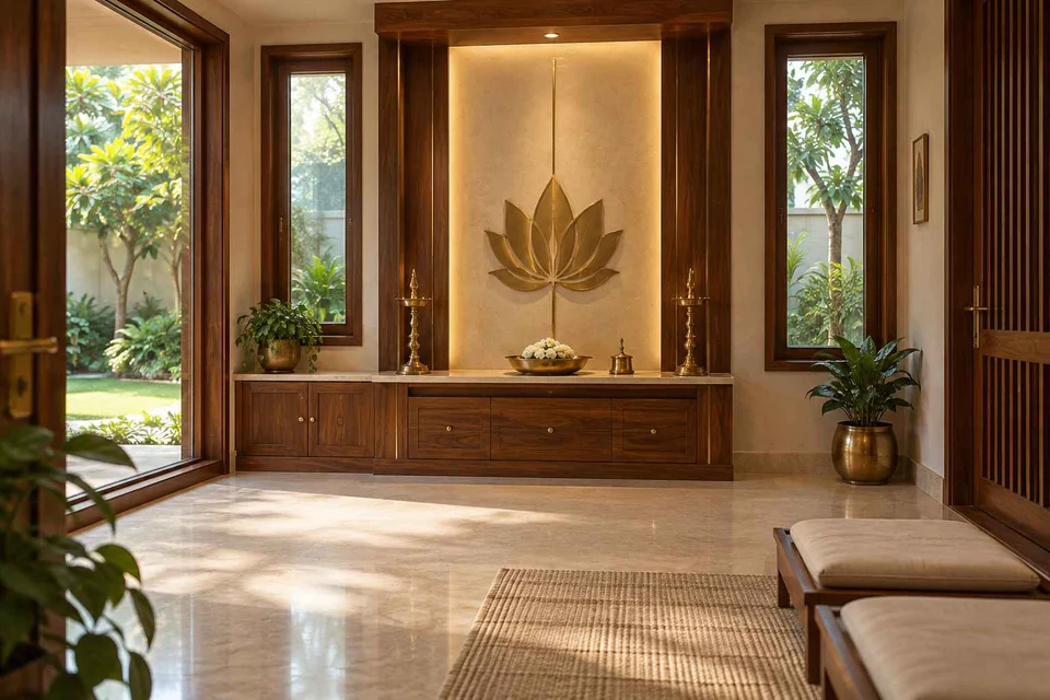 AI-generated puja room design concept: corner garden prayer room, rosewood brass direction