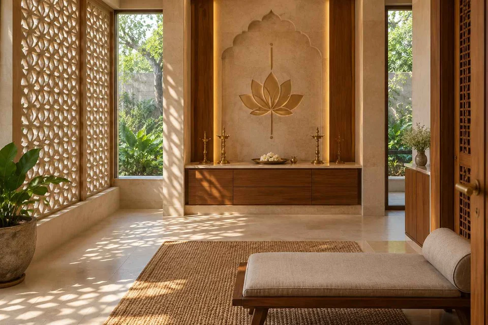 AI-generated puja room design concept: corner garden prayer room, sandstone lattice direction