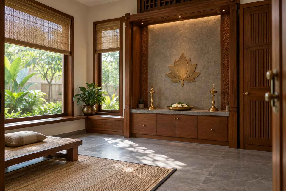AI-generated puja room design concept: corner garden prayer room, teak craft direction