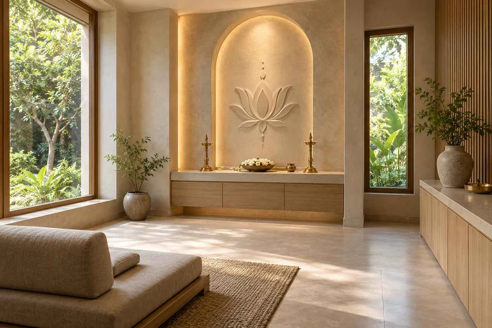 AI-generated puja room design concept: corner garden prayer room, textured mineral direction