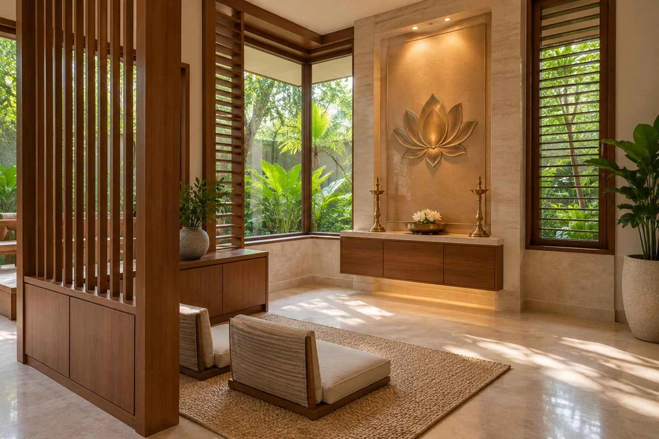 AI-generated puja room design concept: corner garden prayer room, tropical slatted direction