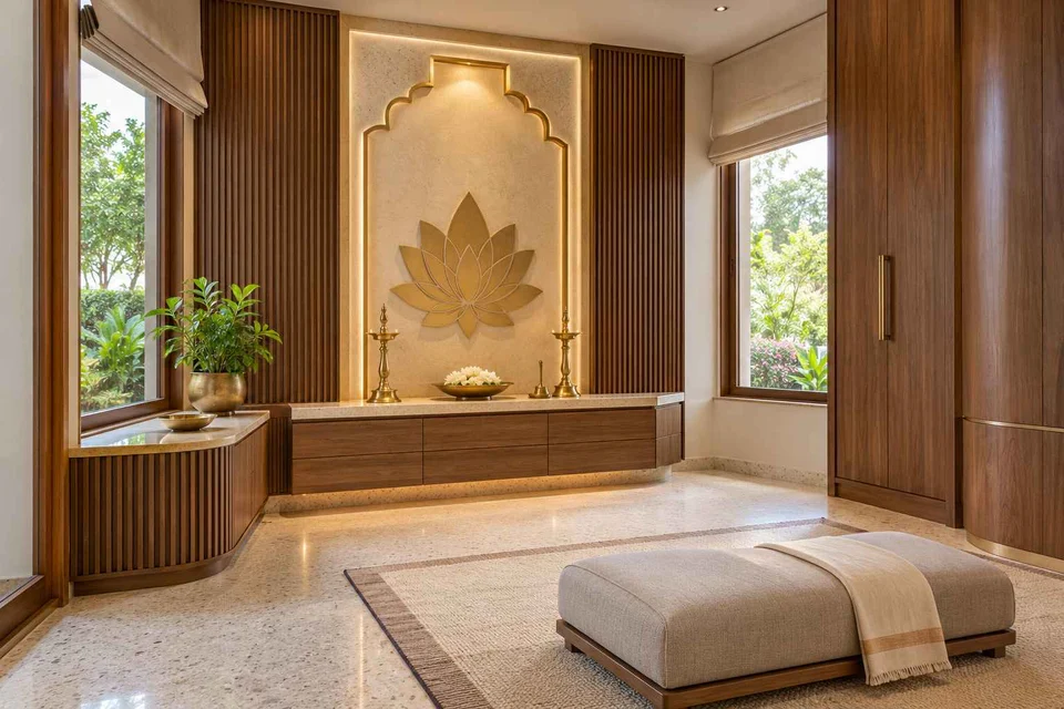 AI-generated puja room design concept: corner garden prayer room, urban deco direction