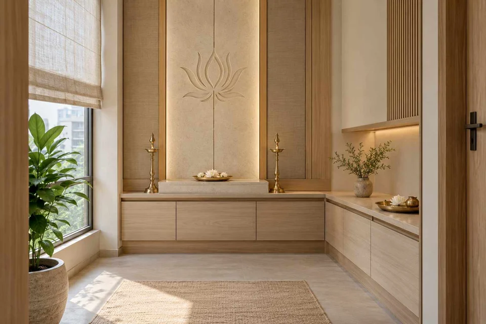 AI-generated puja room design concept: corner l mandir, ash and linen direction