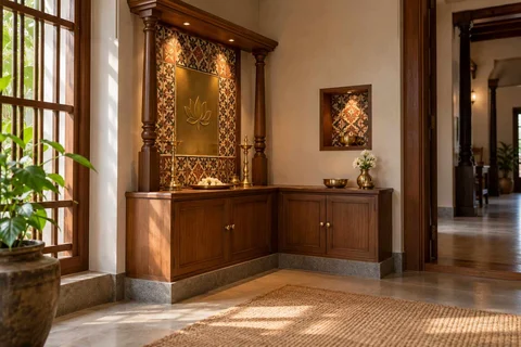 AI-generated puja room design concept: corner l mandir, chettinad tile direction