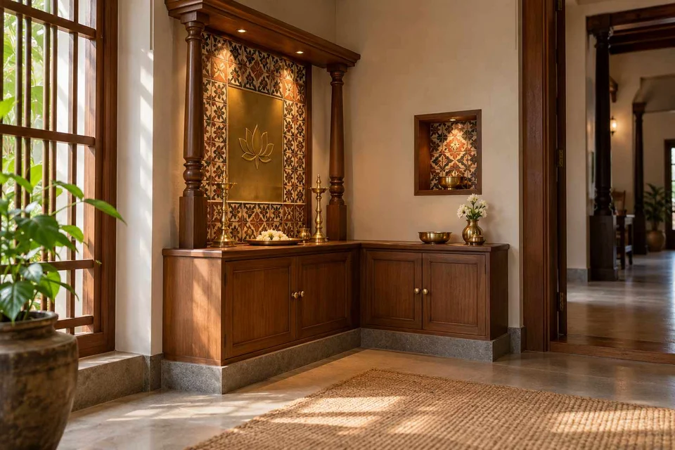 AI-generated puja room design concept: corner l mandir, chettinad tile direction