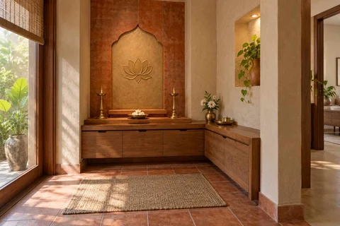 AI-generated puja room design concept: corner l mandir, clay artisan direction