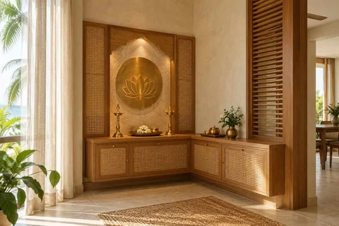 AI-generated puja room design concept: corner l mandir, coastal woven direction