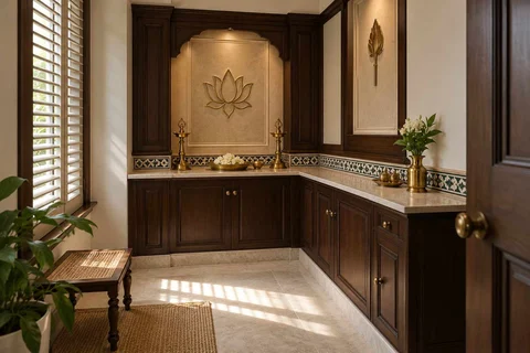 AI-generated puja room design concept: corner l mandir, colonial quiet direction