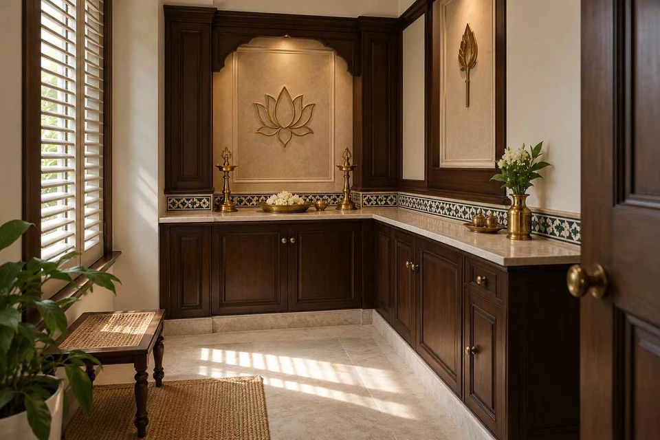 AI-generated puja room design concept: corner l mandir, colonial quiet direction