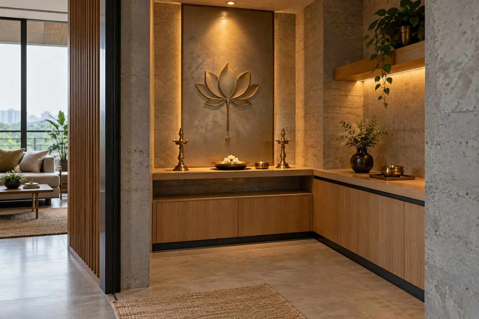 AI-generated puja room design concept: corner l mandir, concrete and oak direction