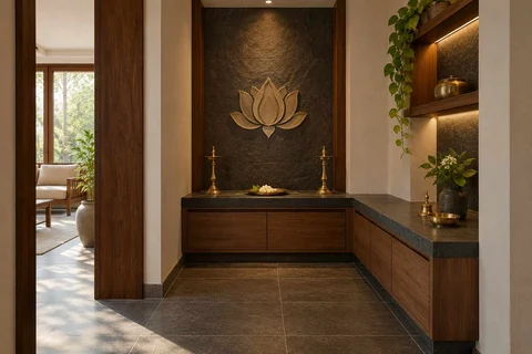 AI-generated puja room design concept: corner l mandir, deccan stone direction