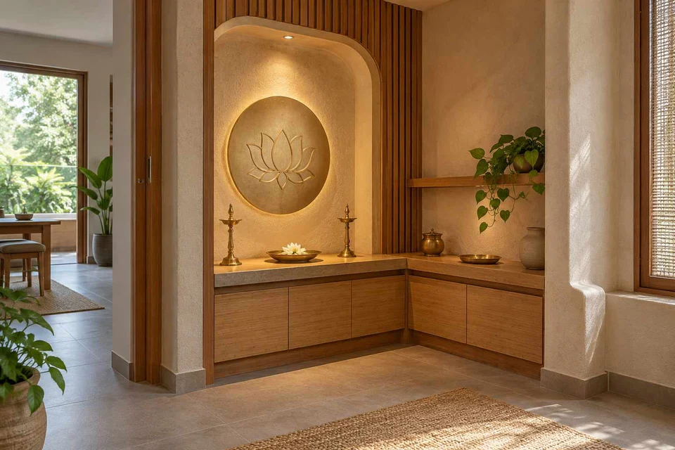 AI-generated puja room design concept: corner l mandir, earth and bamboo direction