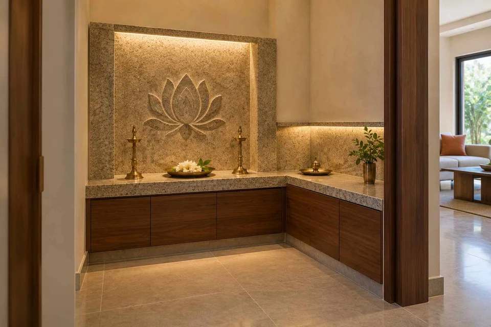 AI-generated puja room design concept: corner l mandir, granite precision direction