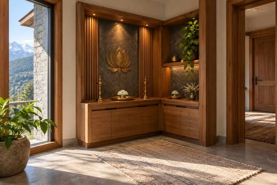 AI-generated puja room design concept: corner l mandir, hill timber direction