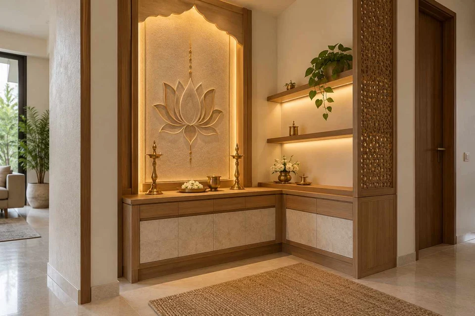AI-generated puja room design concept: corner l mandir, inlay atelier direction
